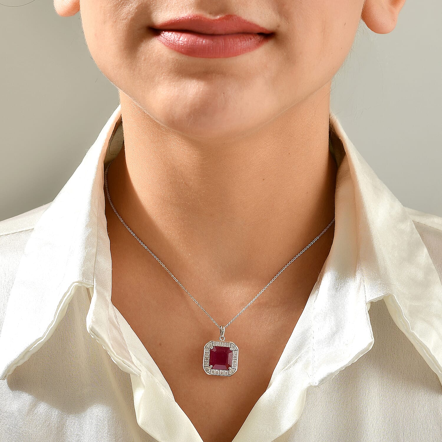 Certified and Appraised D'Joy Asscher Cut Premium Niassa Ruby (FF) and Moissanite 10.00 ctw Pendant Necklace in Rhodium Over Sterling Silver 18 Inches