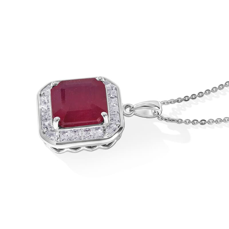 Certified and Appraised D'Joy Asscher Cut Premium Niassa Ruby (FF) and Moissanite 10.00 ctw Pendant Necklace in Rhodium Over Sterling Silver 18 Inches