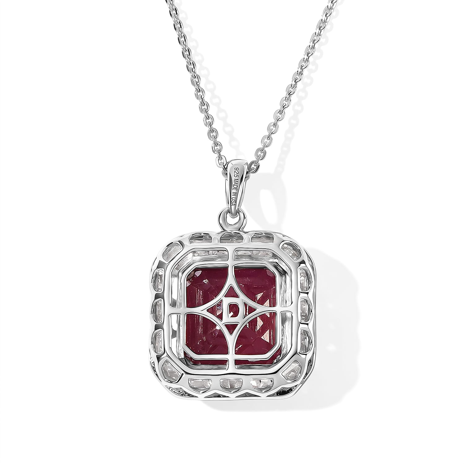 Certified and Appraised D'Joy Asscher Cut Premium Niassa Ruby (FF) and Moissanite 10.00 ctw Pendant Necklace in Rhodium Over Sterling Silver 18 Inches