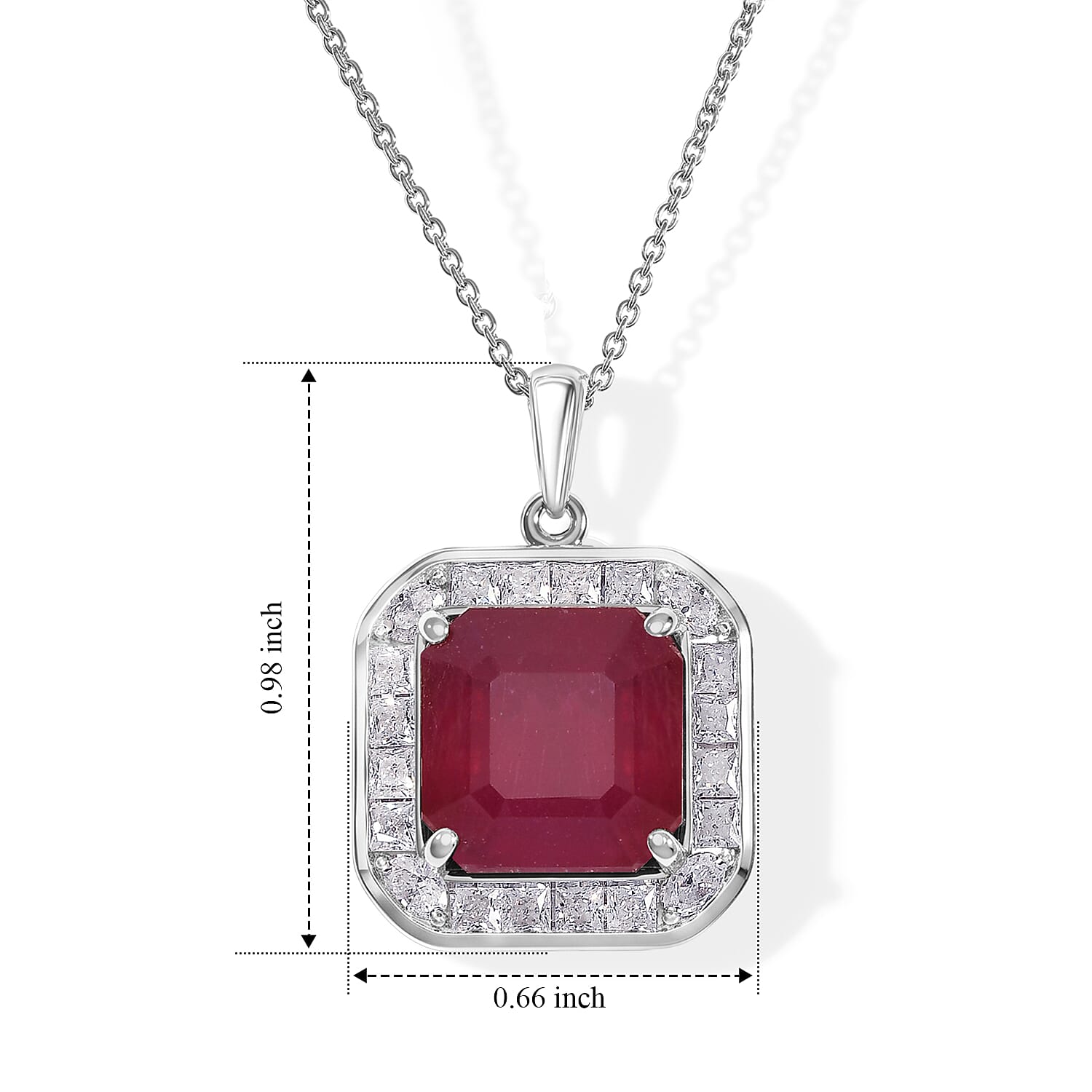 Certified and Appraised D'Joy Asscher Cut Premium Niassa Ruby (FF) and Moissanite 10.00 ctw Pendant Necklace in Rhodium Over Sterling Silver 18 Inches