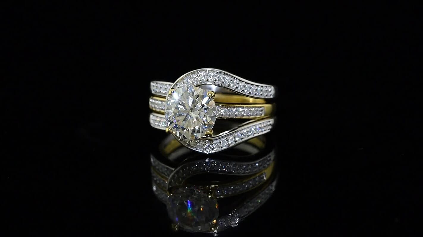 D''Joy Moissanite 2.85 ctw Set of 2 Stackable Ring in 18K Vermeil YG and Rhodium Over Sterling Silver