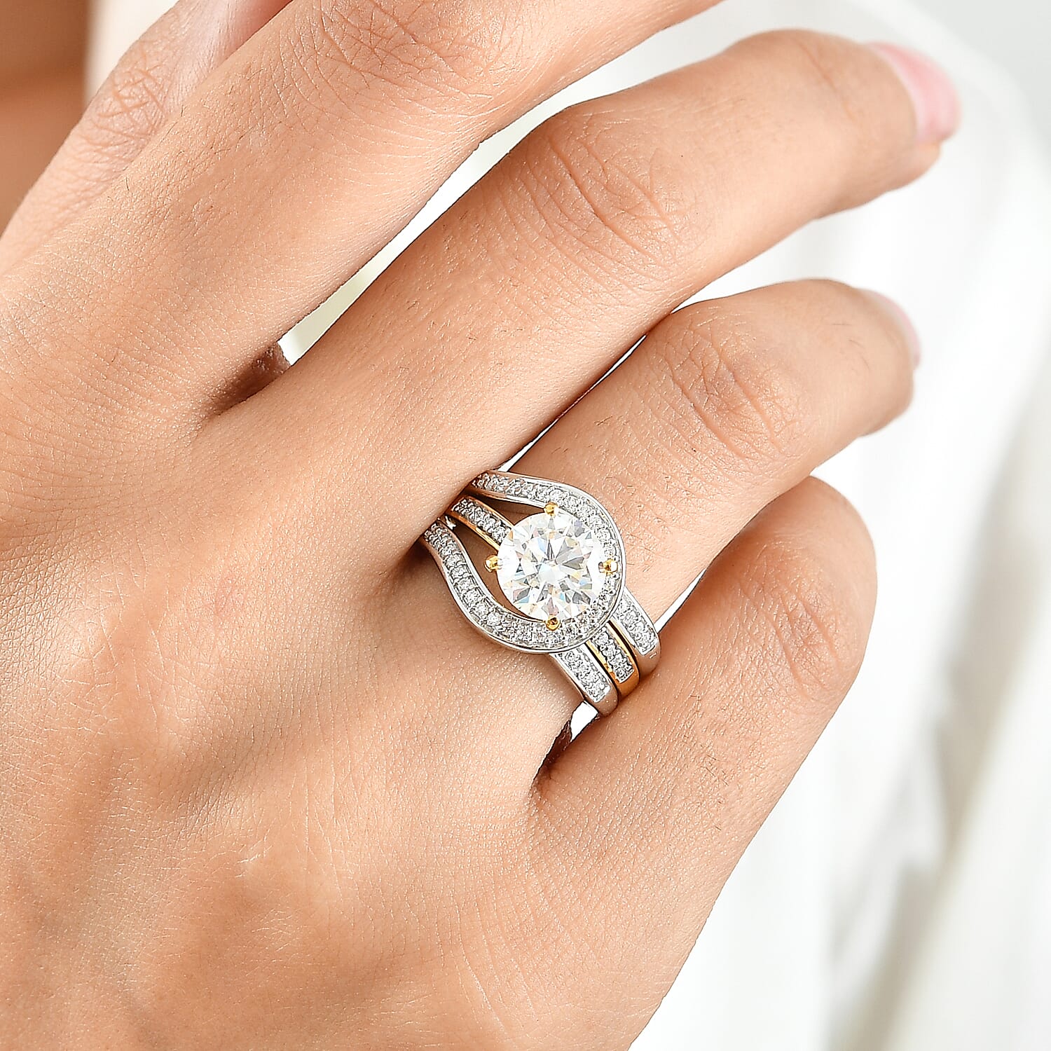 D'Joy Moissanite 2.85 ctw Set of 2 Stackable Ring in 18K Vermeil YG and Rhodium Over Sterling Silver