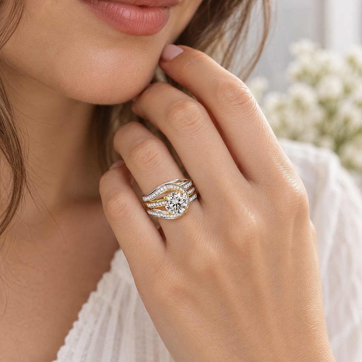 D'Joy Moissanite 2.85 ctw Set of 2 Stackable Ring in 18K Vermeil YG and Rhodium Over Sterling Silver