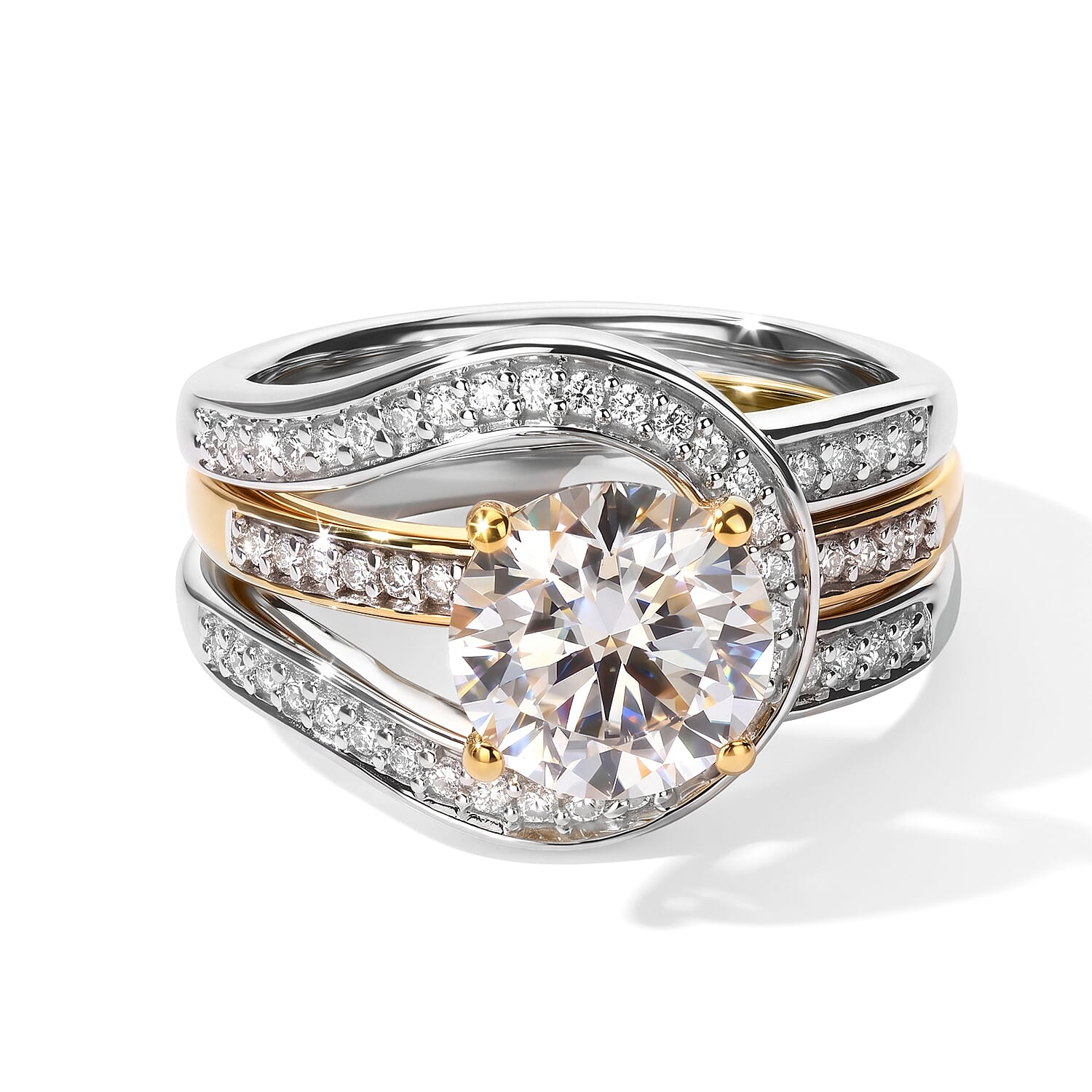 D'Joy Moissanite 2.85 ctw Set of 2 Stackable Ring in 18K Vermeil YG and Rhodium Over Sterling Silver