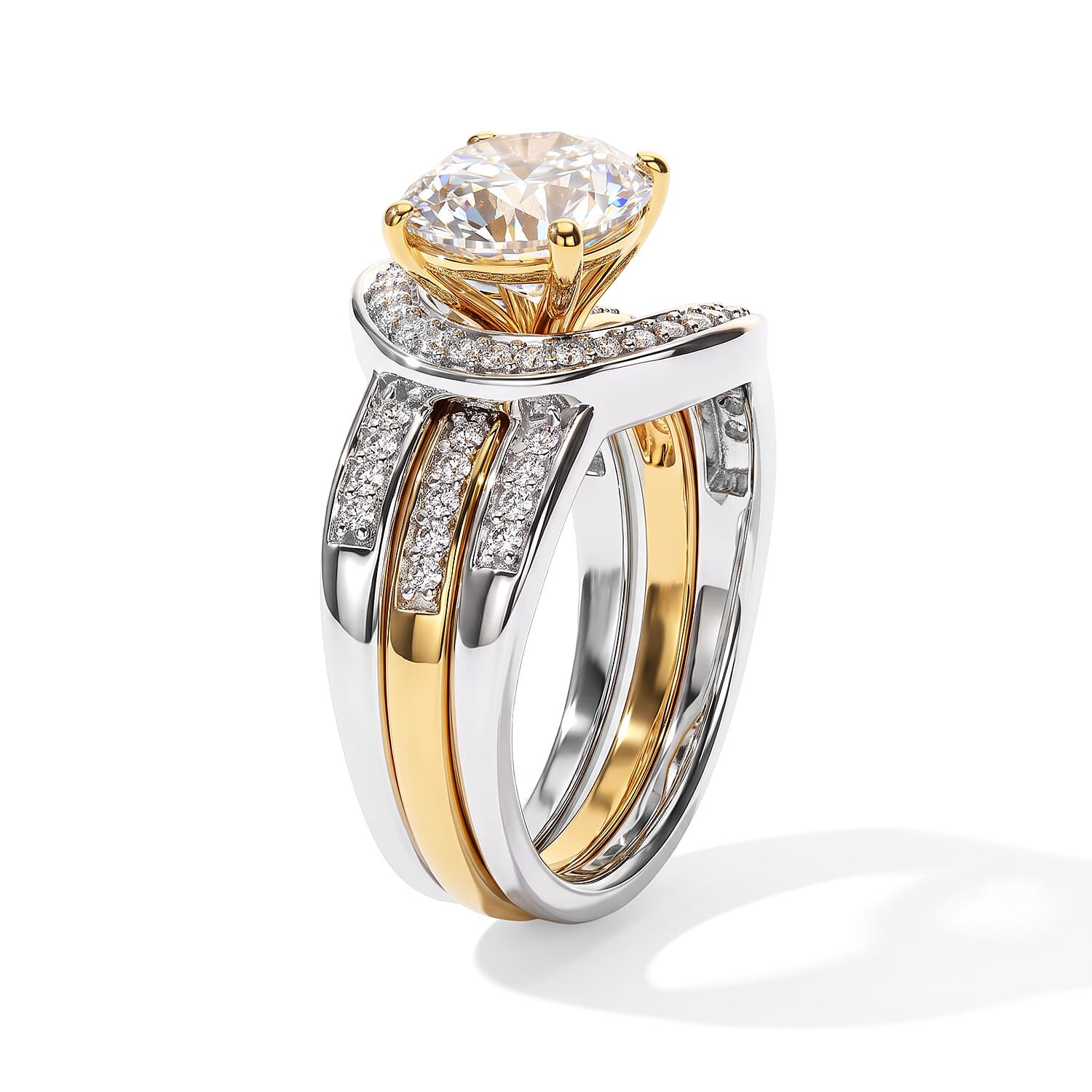 D'Joy Moissanite 2.85 ctw Set of 2 Stackable Ring in 18K Vermeil YG and Rhodium Over Sterling Silver