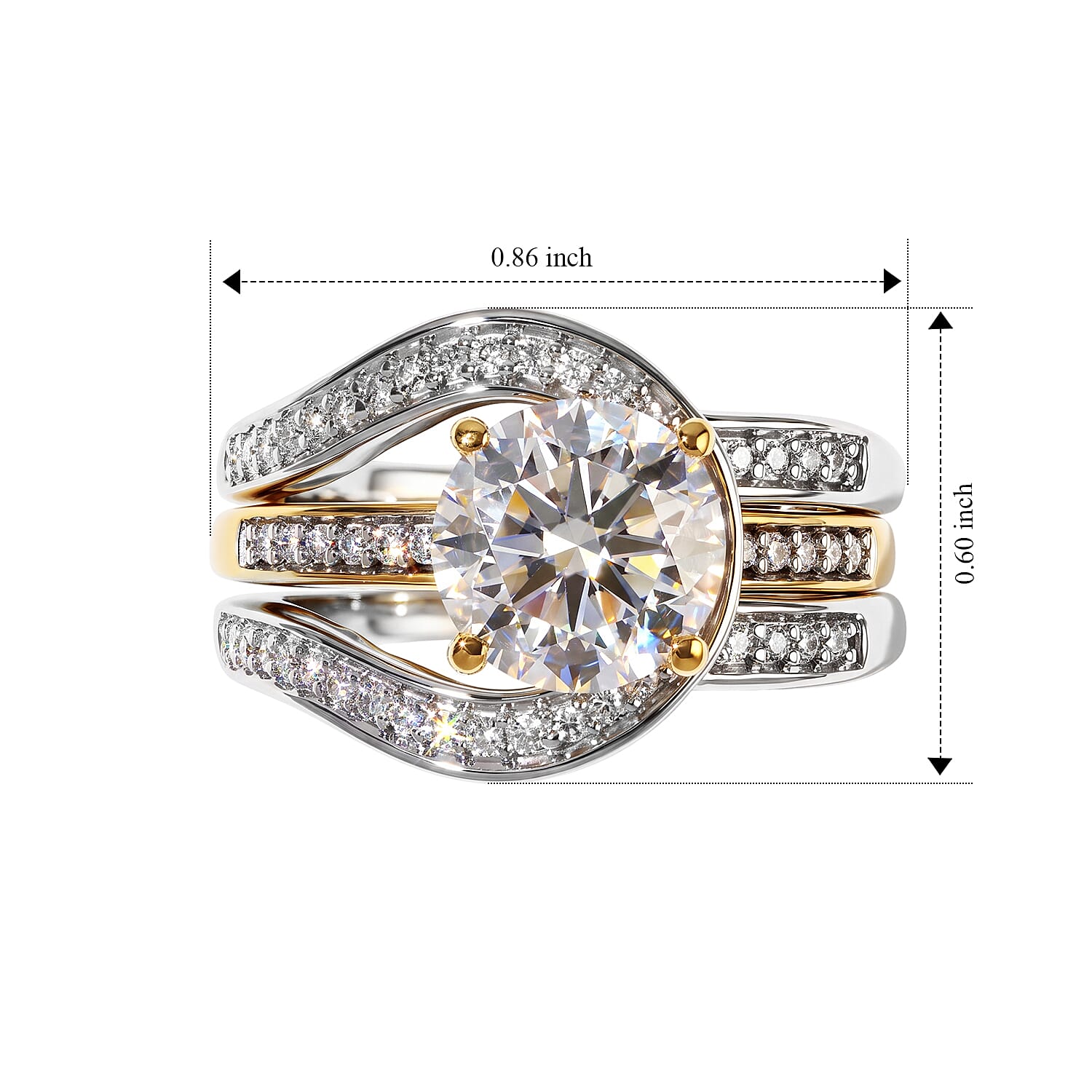 D'Joy Moissanite 2.85 ctw Set of 2 Stackable Ring in 18K Vermeil YG and Rhodium Over Sterling Silver