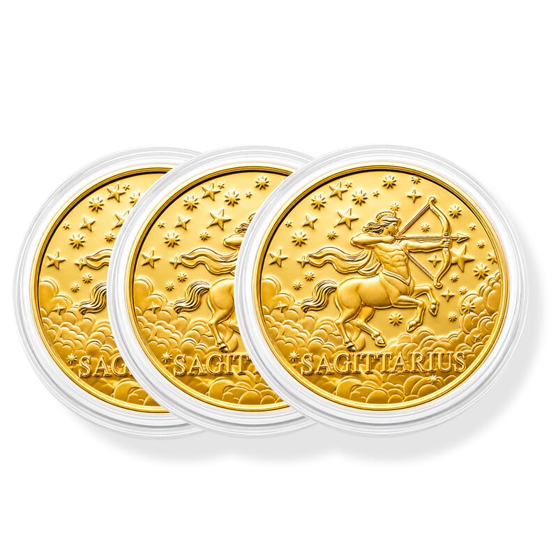 Set of 3 - 24K Gold Celestial Zodiac Collection - Sagittarius Embossed Double View Coin Sheet 30mg (50mm)