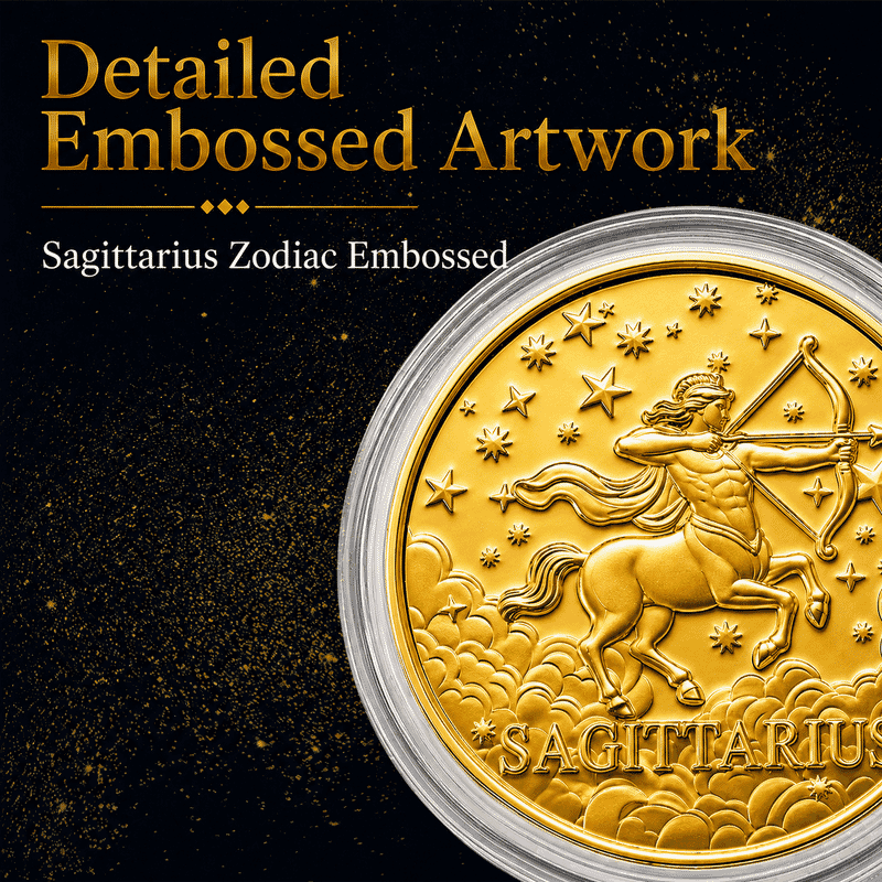 Set of 3 - 24K Gold Celestial Zodiac Collection - Sagittarius Embossed Double View Coin Sheet 30mg (50mm)