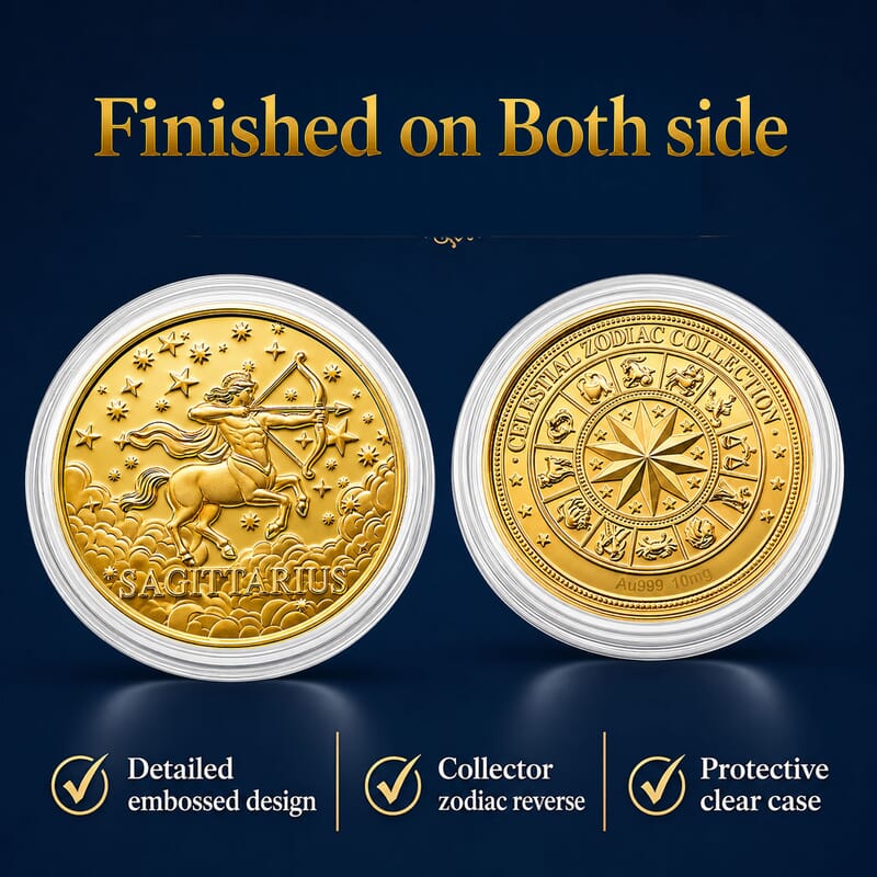 Set of 3 - 24K Gold Celestial Zodiac Collection - Sagittarius Embossed Double View Coin Sheet 30mg (50mm)
