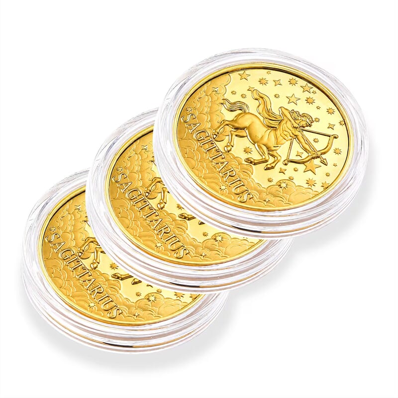 Set of 3 - 24K Gold Celestial Zodiac Collection - Sagittarius Embossed Double View Coin Sheet 30mg (50mm)