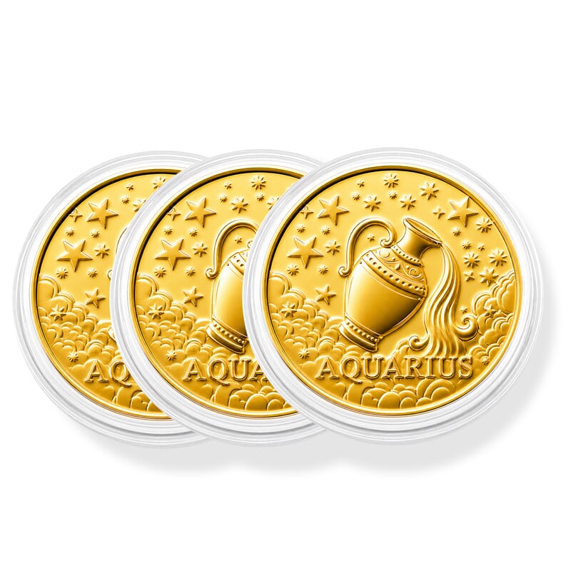 Set of 3 - 24K Gold Celestial Zodiac Collection - Aquarius Embossed Double View Coin Sheet 30mg (50mm)