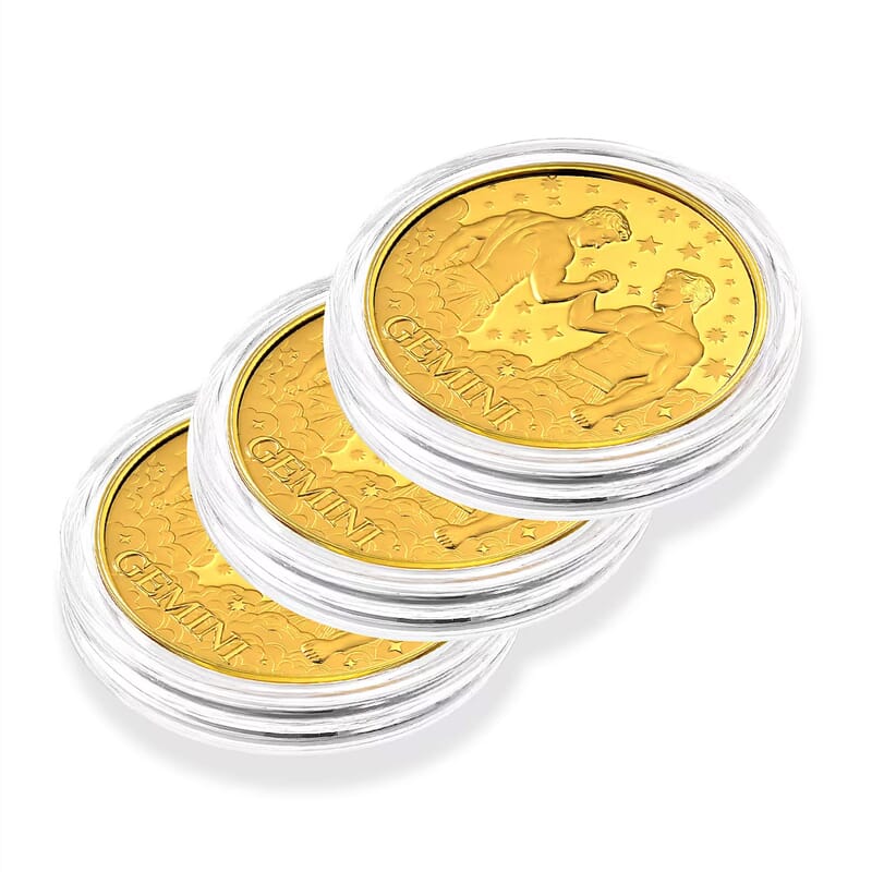 Set of 3 - 24K Gold Celestial Zodiac Collection - Gemini Embossed Double View Coin Sheet 30mg (50mm)