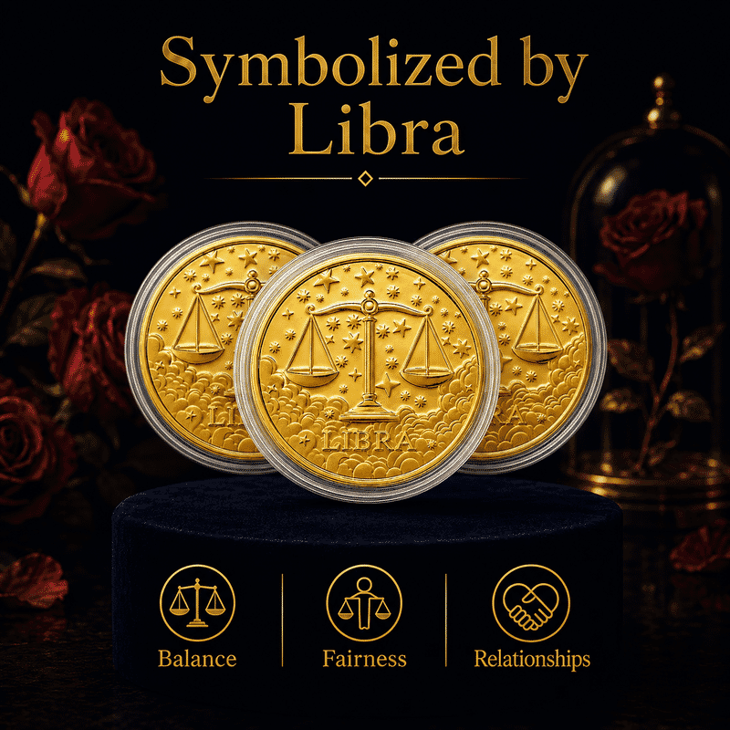 Set of 3 - 24K Gold Celestial Zodiac Collection - Libra Embossed Double View Coin Sheet 30mg (50mm)