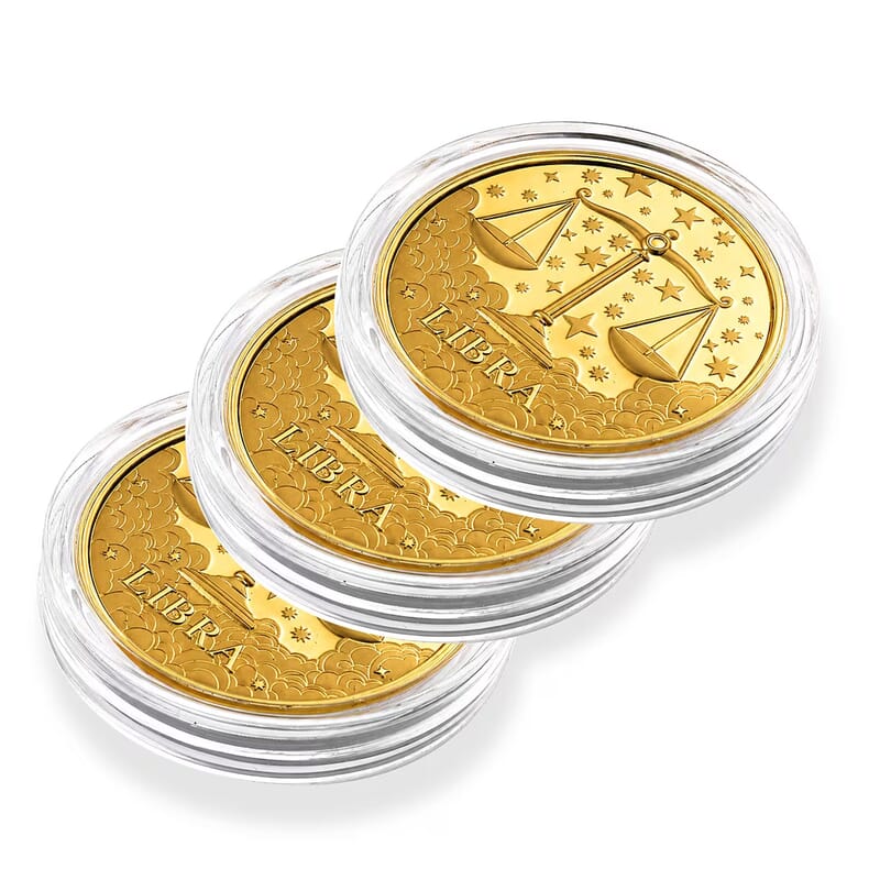Set of 3 - 24K Gold Celestial Zodiac Collection - Libra Embossed Double View Coin Sheet 30mg (50mm)