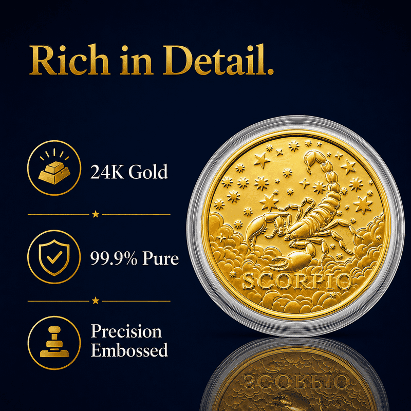 Set of 3 - 24K Gold Celestial Zodiac Collection - Scorpio Embossed Double View Coin Sheet 30mg (50mm)