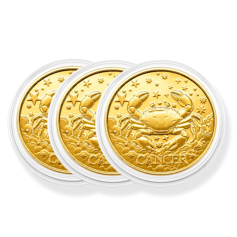 Set of 3 - 24K Gold Celestial Zodiac Collection - Cancer Embossed Double View Coin Sheet 30mg (50mm)
