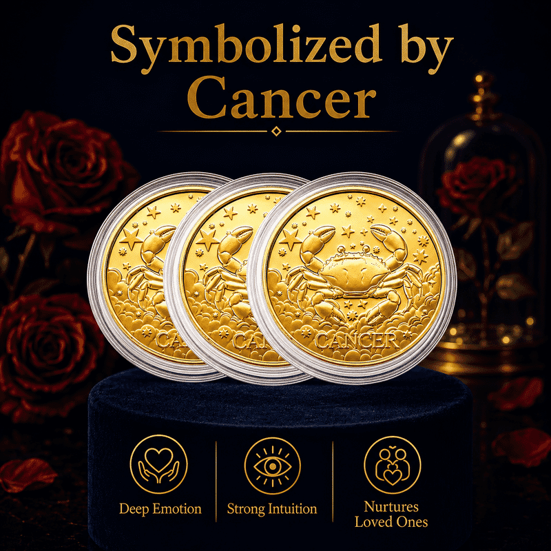 Set of 3 - 24K Gold Celestial Zodiac Collection - Cancer Embossed Double View Coin Sheet 30mg (50mm)