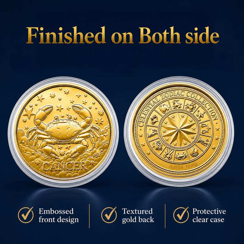 Set of 3 - 24K Gold Celestial Zodiac Collection - Cancer Embossed Double View Coin Sheet 30mg (50mm)