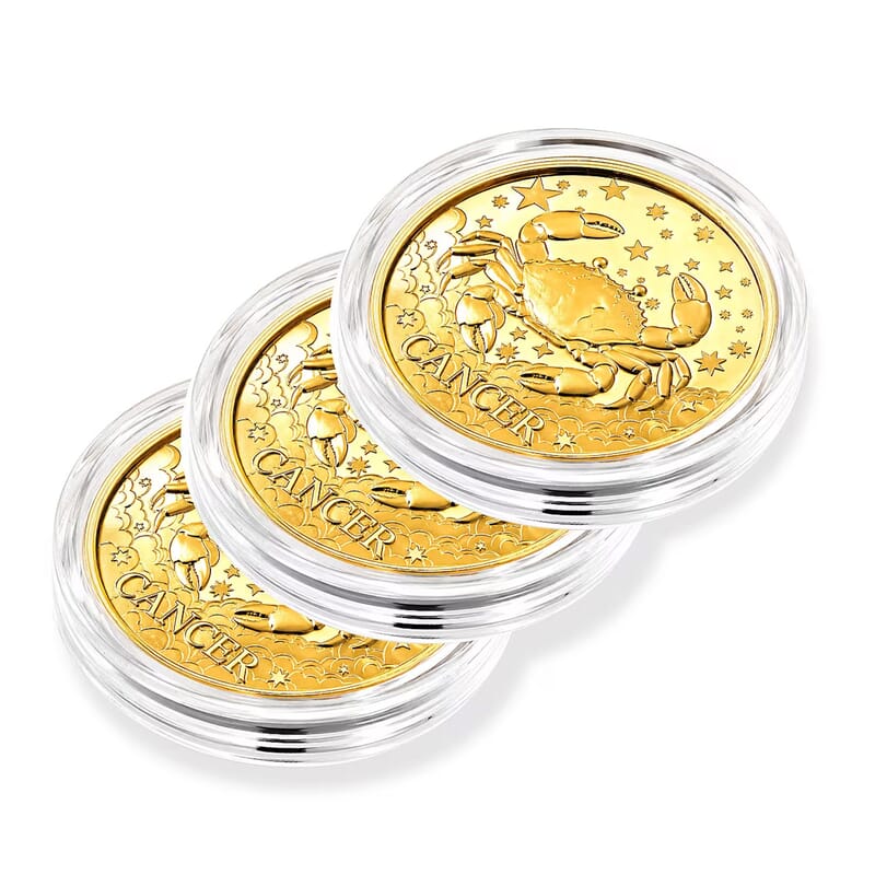 Set of 3 - 24K Gold Celestial Zodiac Collection - Cancer Embossed Double View Coin Sheet 30mg (50mm)