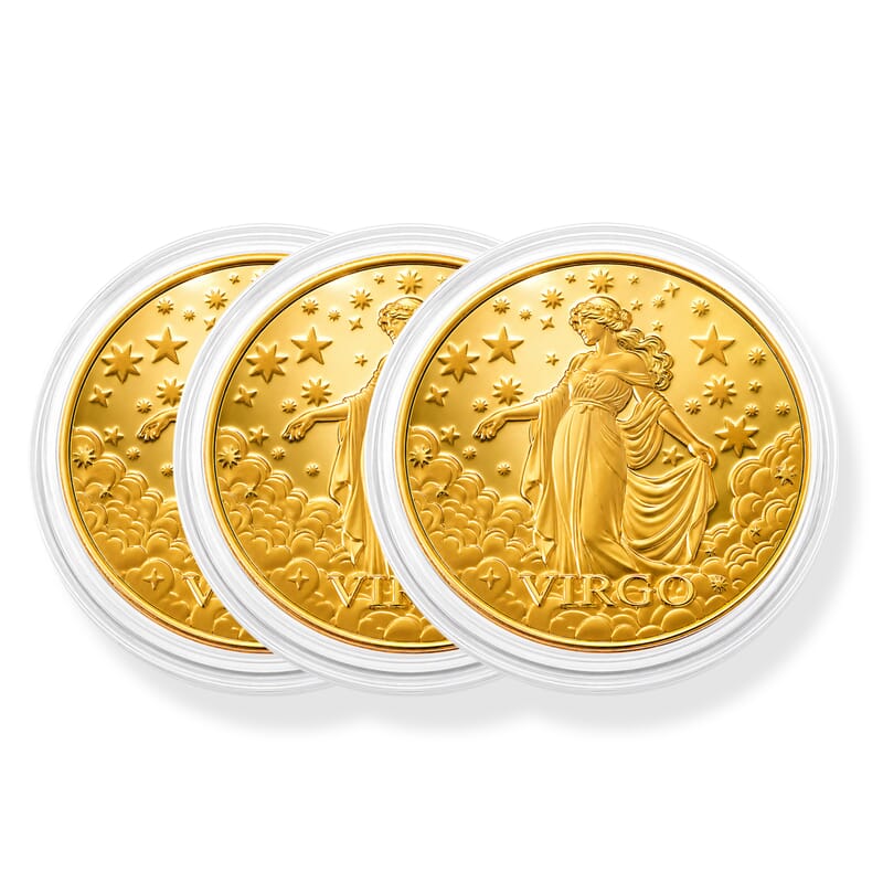 Set of 3 - 24K Gold Celestial Zodiac Collection - Virgo Embossed Double View Coin Sheet 30mg (50mm)