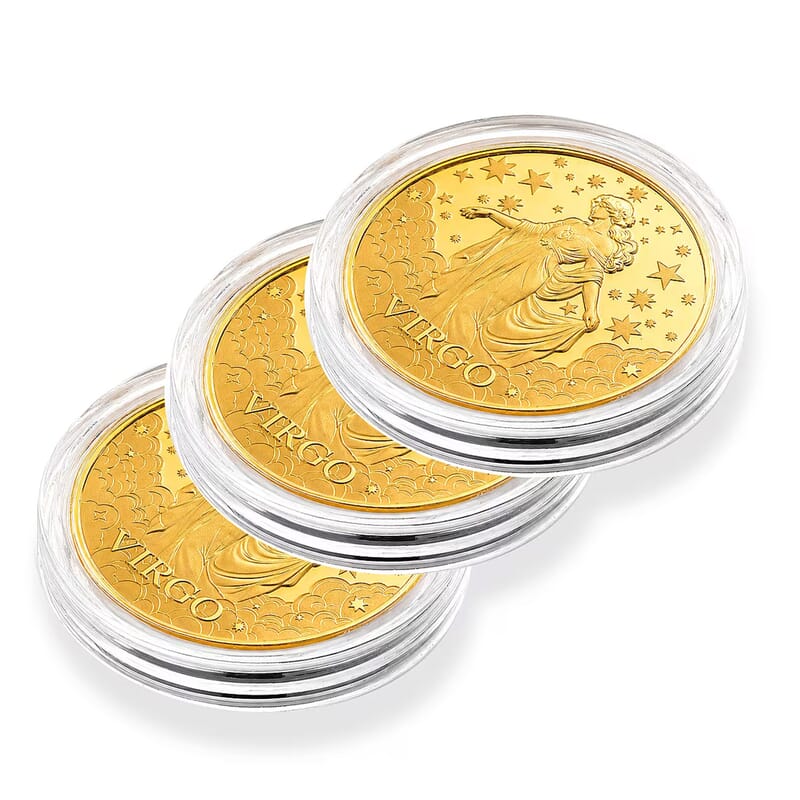 Set of 3 - 24K Gold Celestial Zodiac Collection - Virgo Embossed Double View Coin Sheet 30mg (50mm)