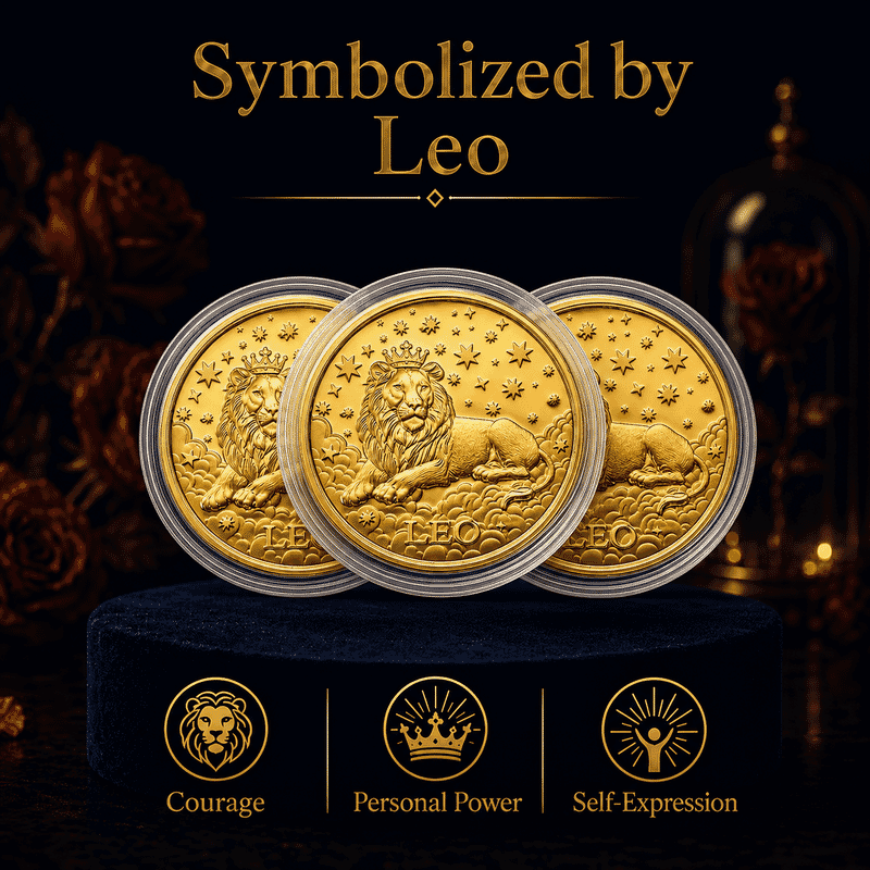 Set of 3 - 24K Gold Celestial Zodiac Collection - Leo Embossed Double View Coin Sheet 30mg (50mm)