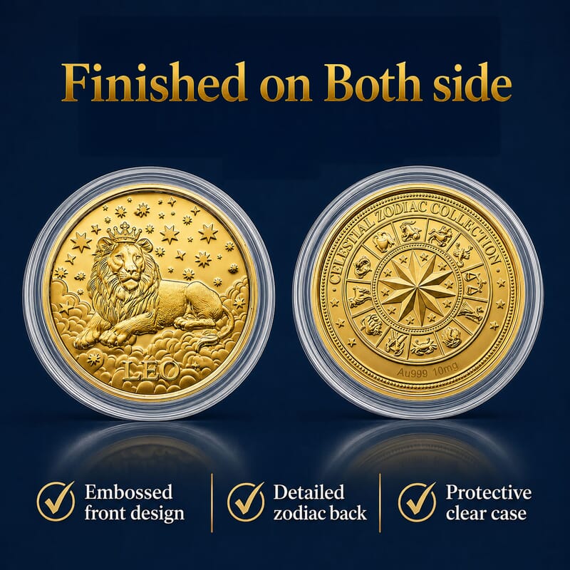 Set of 3 - 24K Gold Celestial Zodiac Collection - Leo Embossed Double View Coin Sheet 30mg (50mm)
