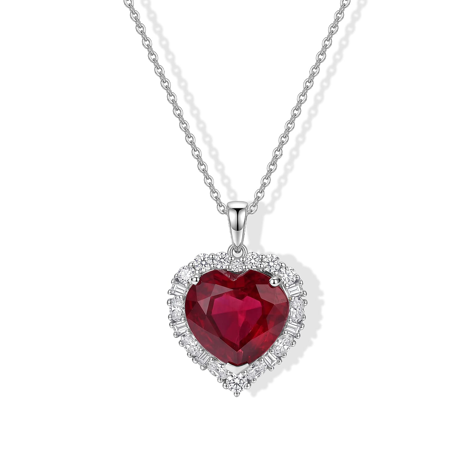 Certified and Appraised D'Joy Premium Niassa Ruby (FF) and Moissanite 9.23 ctw Heart Pendant Necklace (20 Inches) in Rhodium Over Sterling Silver