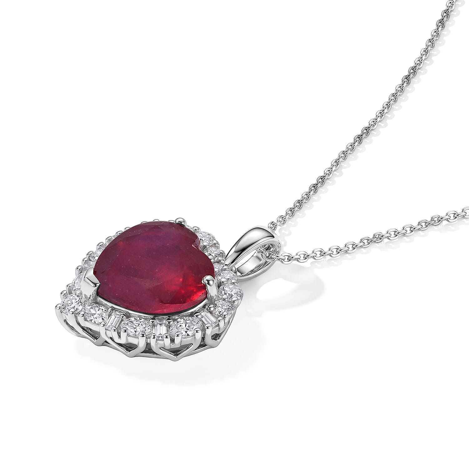 Certified and Appraised D'Joy Premium Niassa Ruby (FF) and Moissanite 9.23 ctw Heart Pendant Necklace (20 Inches) in Rhodium Over Sterling Silver