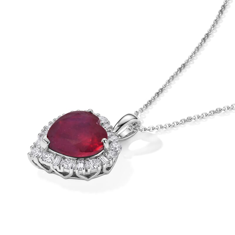 Certified and Appraised D'Joy Premium Niassa Ruby (FF) and Moissanite 9.23 ctw Heart Pendant Necklace (20 Inches) in Rhodium Over Sterling Silver