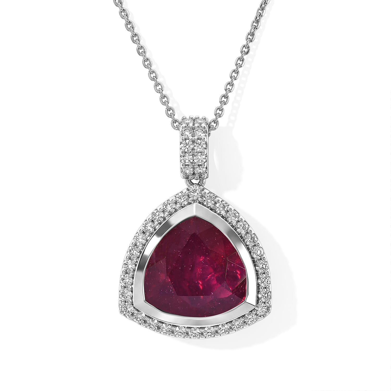 Certified and Appraised D''Joy Premium Niassa Ruby(FF), Moissanite Pendant Necklace (18 Inches) in Rhodium Over Sterling Silver 8.20 ctw