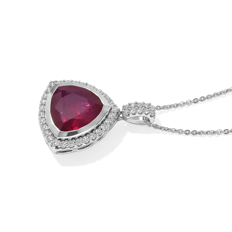 Certified and Appraised D'Joy Premium Niassa Ruby(FF) and Moissanite 8.20 ctw Pendant Necklace (18 Inches) in Rhodium Over Sterling Silver
