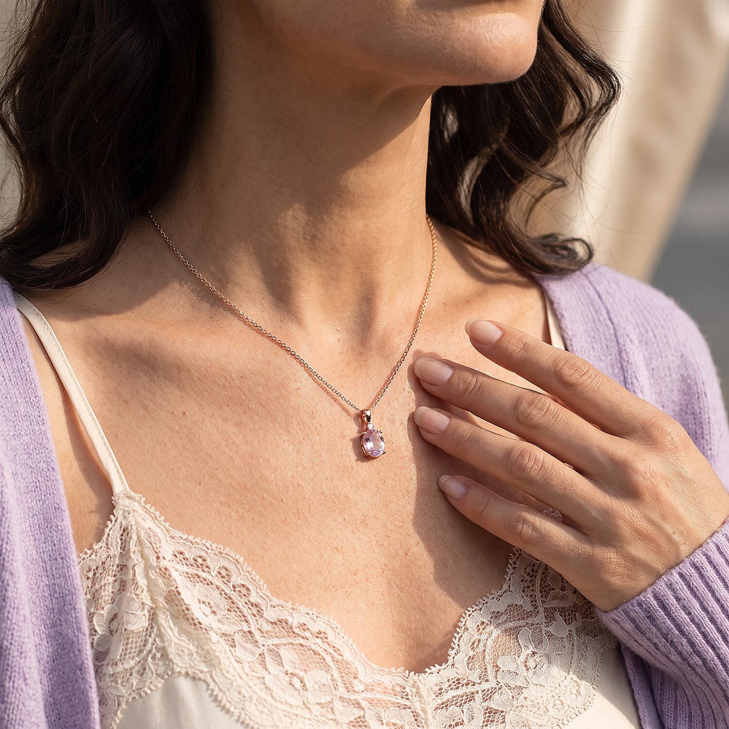 Premium Martha Rocha Kunzite and Luxuriant Lab Grown Diamond SI 3.70 ctw Pendant Necklace in Vermeil Rose Gold Over Sterling Silver 18 Inches