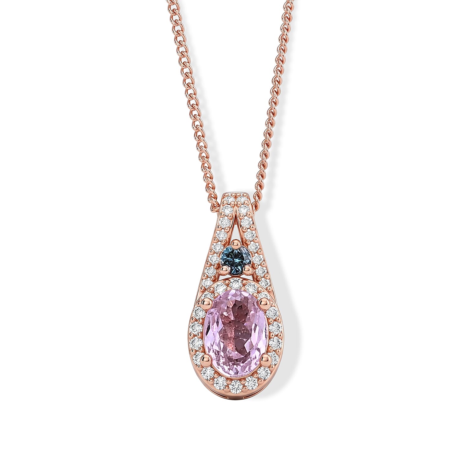 Premium Martha Rocha Kunzite and Luxuriant Lab Grown Blue Diamond (IR) and Lab Grown Diamond SI 1.40 ctw Pendant Necklace in Vermeil Rose Gold Over Sterling Silver 18 Inches