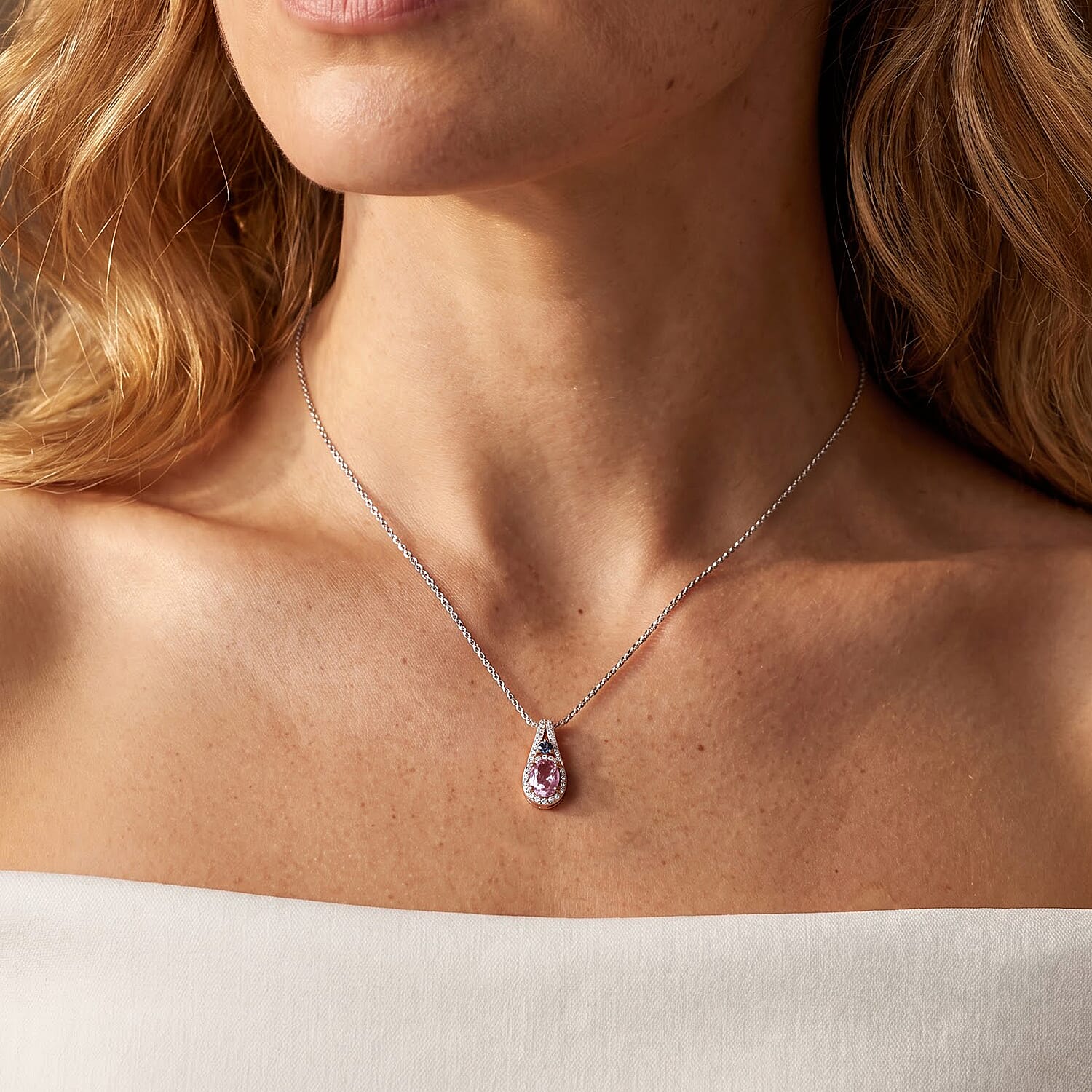 Premium Martha Rocha Kunzite and Luxuriant Lab Grown Blue Diamond (IR) and Lab Grown Diamond SI 1.40 ctw Pendant Necklace in Vermeil Rose Gold Over Sterling Silver 18 Inches