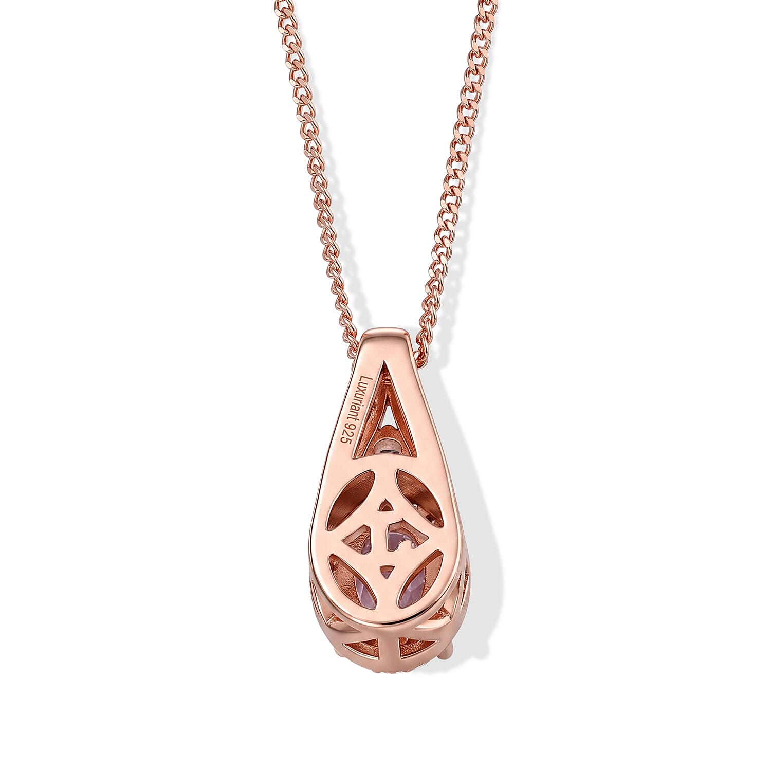 Premium Martha Rocha Kunzite and Luxuriant Lab Grown Blue Diamond (IR) and Lab Grown Diamond SI 1.40 ctw Pendant Necklace in Vermeil Rose Gold Over Sterling Silver 18 Inches