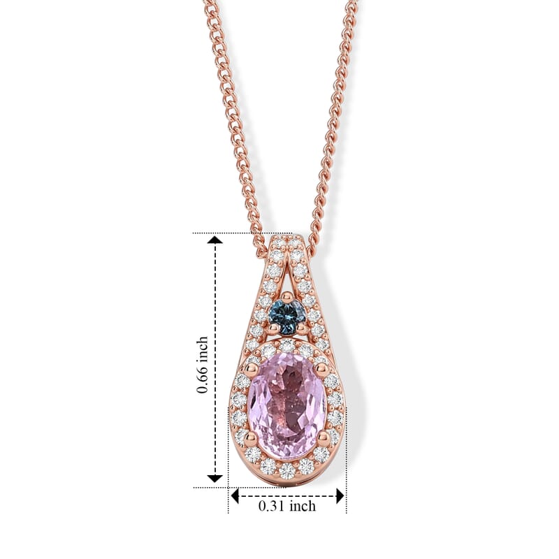 Premium Martha Rocha Kunzite and Luxuriant Lab Grown Blue Diamond (IR) and Lab Grown Diamond SI 1.40 ctw Pendant Necklace in Vermeil Rose Gold Over Sterling Silver 18 Inches