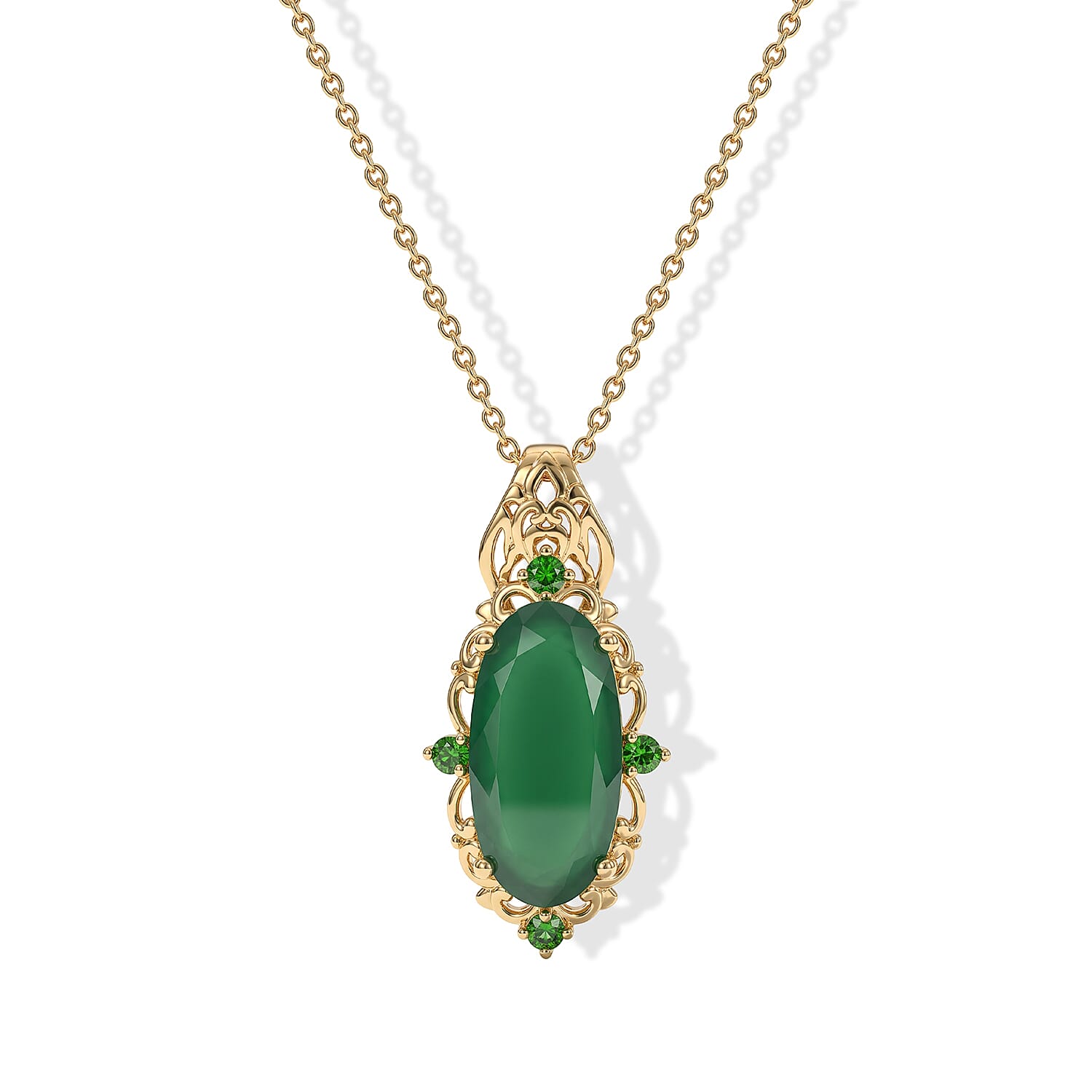 EverTrue Verde Onyx and Chrome Diopside 8.10 ctw Pendant in 18K YG Plated with ION YG Plated Stainless Steel Necklace 20 Inches