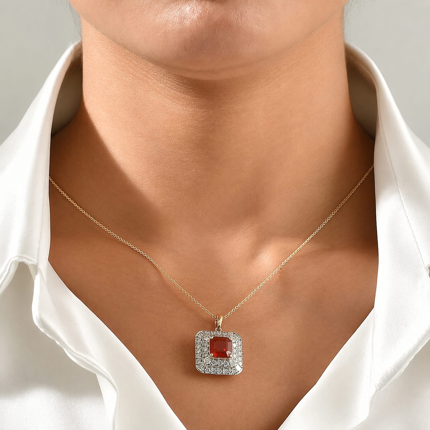 Certified and Appraised AAA Crimson Fire Opal and Luxuriant Lab Grown Diamond G-H SI 3.00 ctw Pendant Necklace in 10K Yellow Gold (18 Inches)