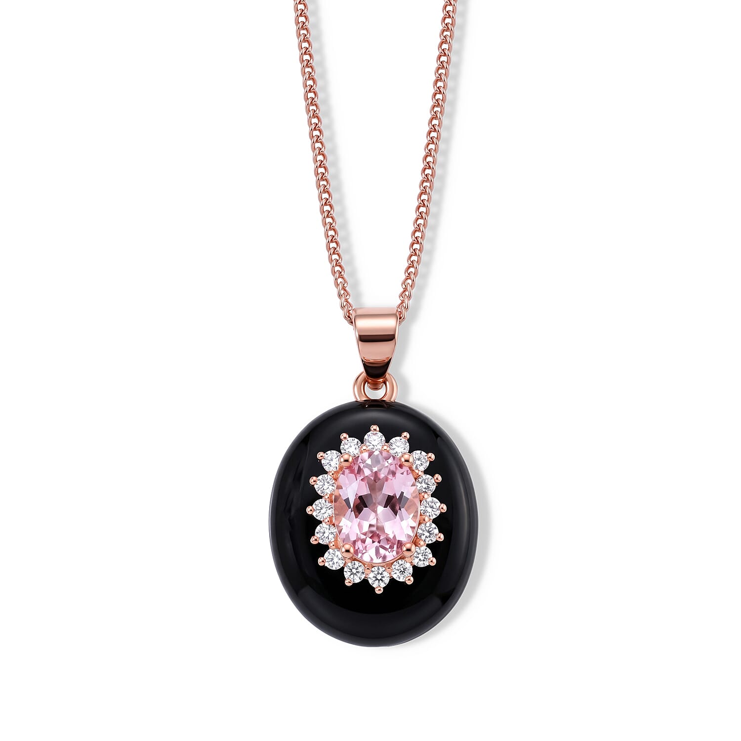 D'Joy Premium Martha Rocha Kunzite, Moissanite and Black Jade (D) 12.10 ctw Classic Halo Pendant Necklace in Vermeil Rose Gold Over Sterling Silver 18 Inches