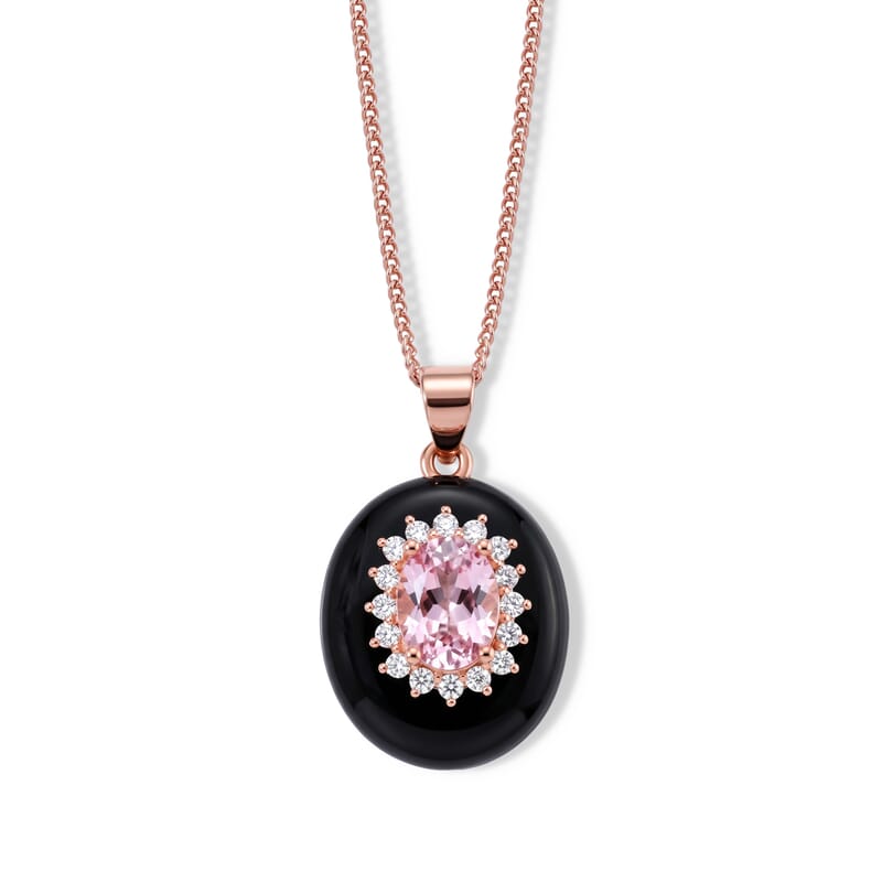 D'Joy Premium Martha Rocha Kunzite, Moissanite and Black Jade (D) 12.10 ctw Classic Halo Pendant Necklace in Vermeil Rose Gold Over Sterling Silver 18 Inches