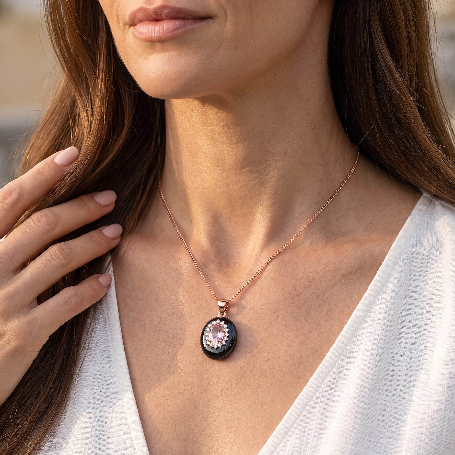 D'Joy Premium Martha Rocha Kunzite, Moissanite and Black Jade (D) 12.10 ctw Classic Halo Pendant Necklace in Vermeil Rose Gold Over Sterling Silver 18 Inches