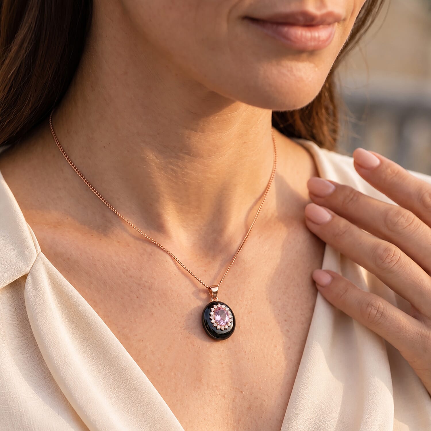 D'Joy Premium Martha Rocha Kunzite, Moissanite and Black Jade (D) 12.10 ctw Classic Halo Pendant Necklace in Vermeil Rose Gold Over Sterling Silver 18 Inches