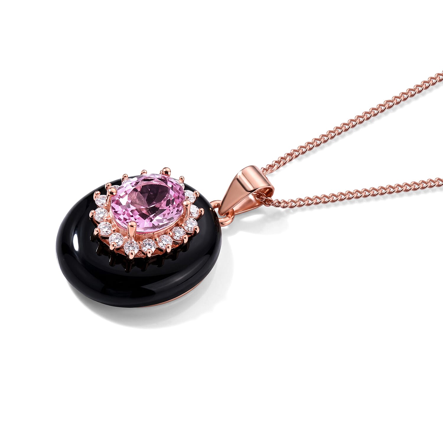 D'Joy Premium Martha Rocha Kunzite, Moissanite and Black Jade (D) 12.10 ctw Classic Halo Pendant Necklace in Vermeil Rose Gold Over Sterling Silver 18 Inches