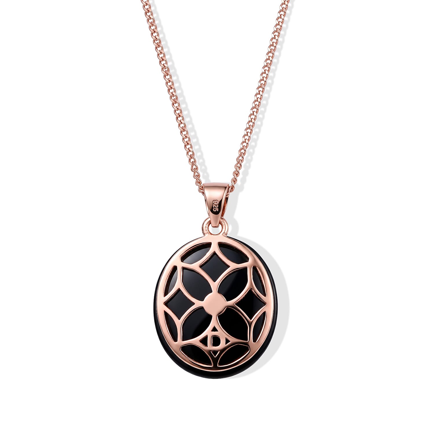 D'Joy Premium Martha Rocha Kunzite, Moissanite and Black Jade (D) 12.10 ctw Classic Halo Pendant Necklace in Vermeil Rose Gold Over Sterling Silver 18 Inches