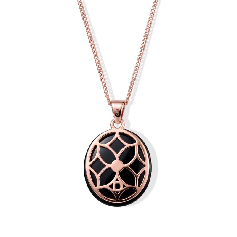 D'Joy Premium Martha Rocha Kunzite, Moissanite and Black Jade (D) 12.10 ctw Classic Halo Pendant Necklace in Vermeil Rose Gold Over Sterling Silver 18 Inches