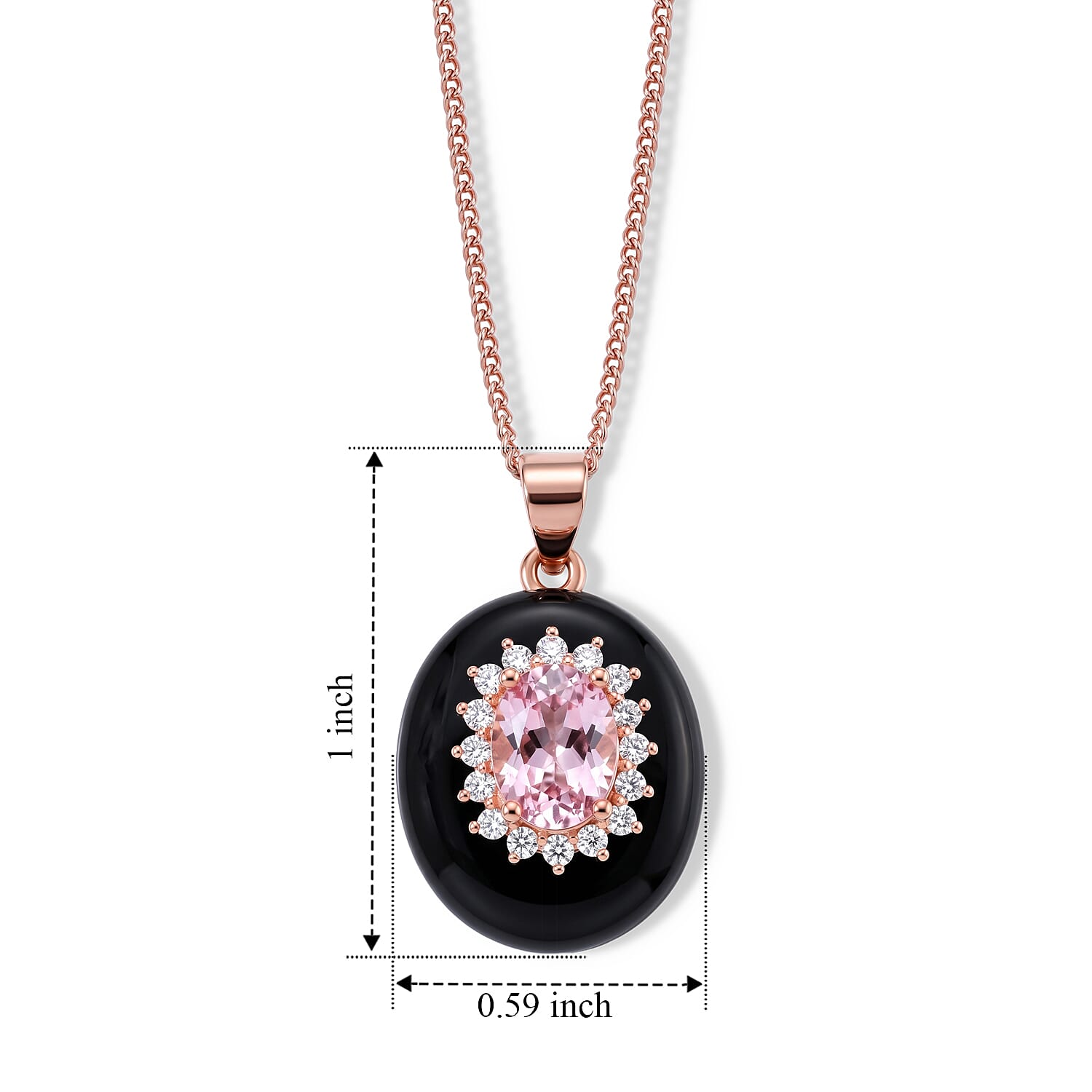 D'Joy Premium Martha Rocha Kunzite, Moissanite and Black Jade (D) 12.10 ctw Classic Halo Pendant Necklace in Vermeil Rose Gold Over Sterling Silver 18 Inches