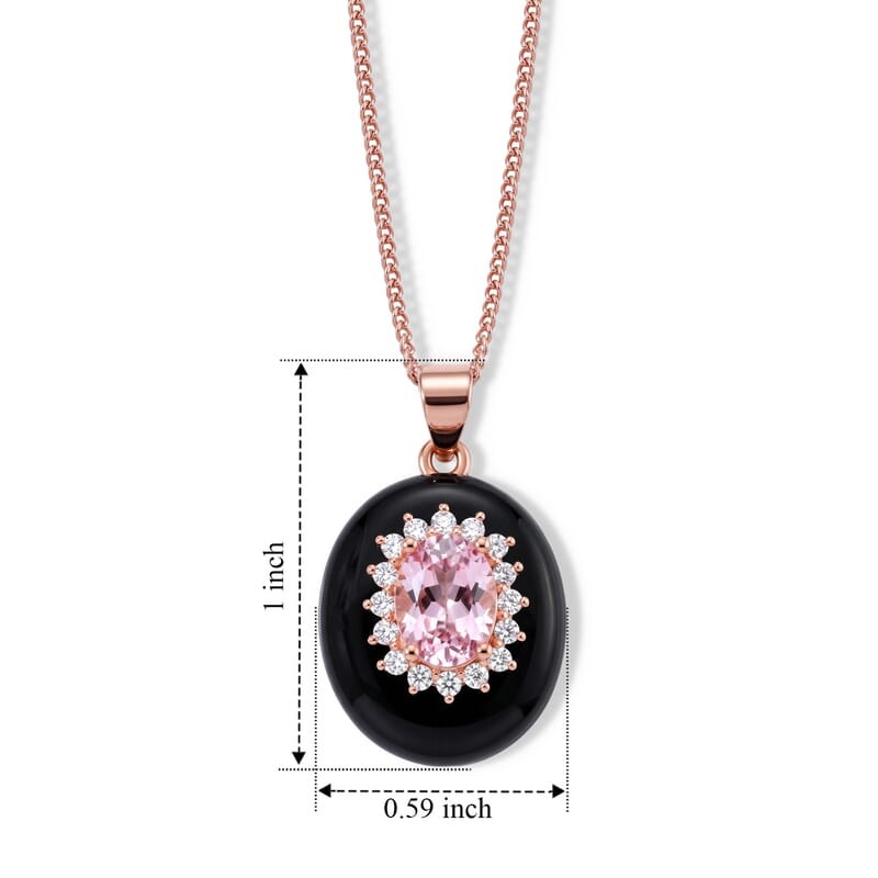 D'Joy Premium Martha Rocha Kunzite, Moissanite and Black Jade (D) 12.10 ctw Classic Halo Pendant Necklace in Vermeil Rose Gold Over Sterling Silver 18 Inches