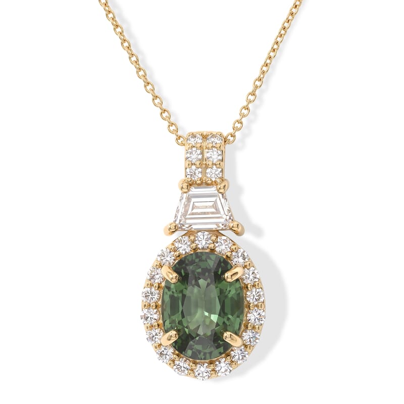 AAA Sapucaia Green Sapphire and Lab Grown Diamond E-F VS 3.15 ctw The Verdant Imperial Pendant Necklace in 10K Yellow Gold (20 Inches)