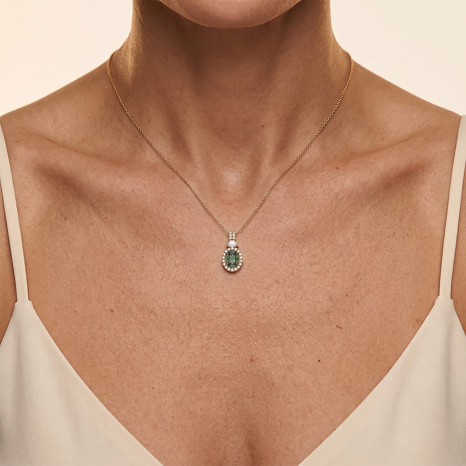 AAA Sapucaia Green Sapphire and Lab Grown Diamond E-F VS 3.15 ctw The Verdant Imperial Pendant Necklace in 10K Yellow Gold (20 Inches)